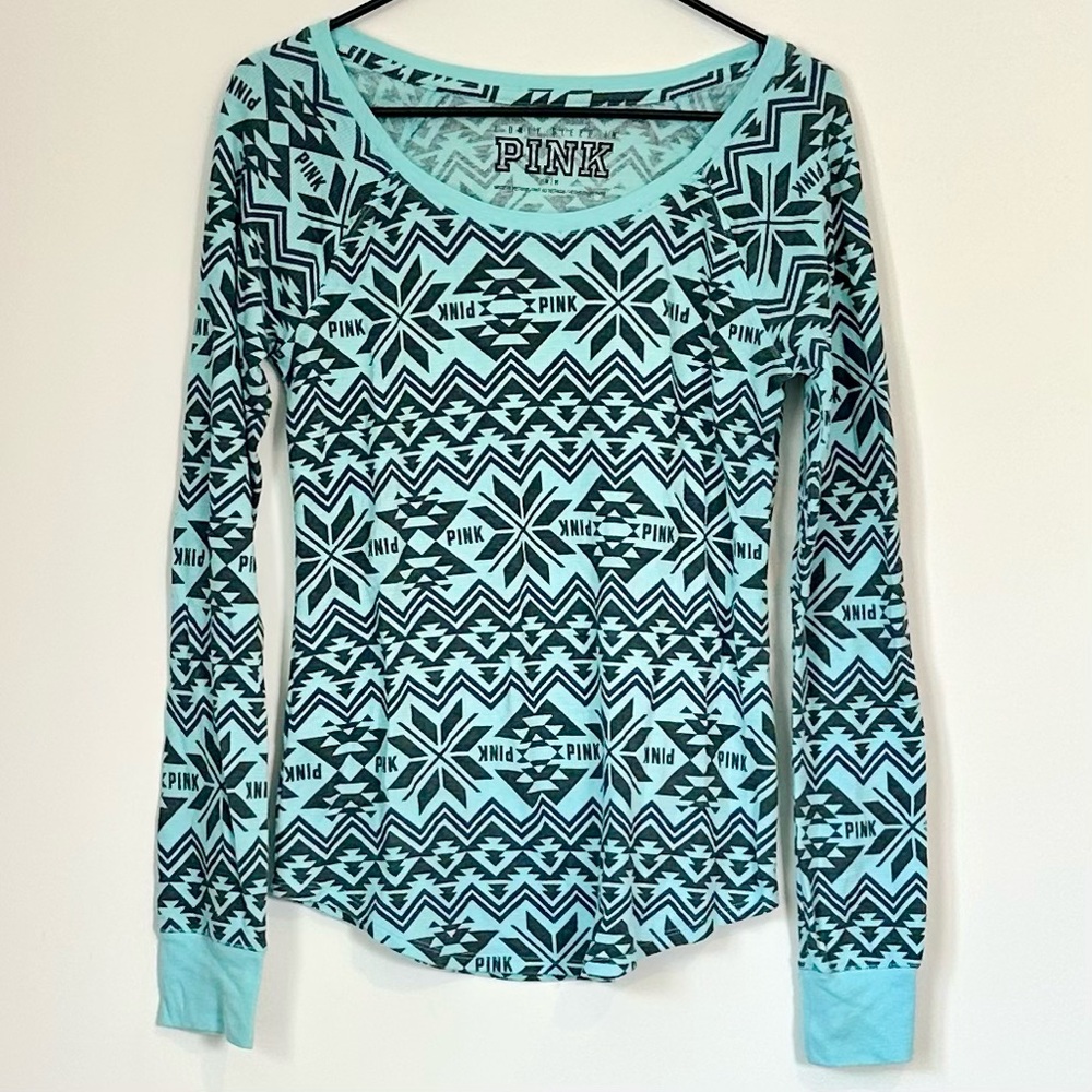 PINK Victoria's Secret Teal Nordic Snowflake Thermal Long Sleeve Top - Size: Med